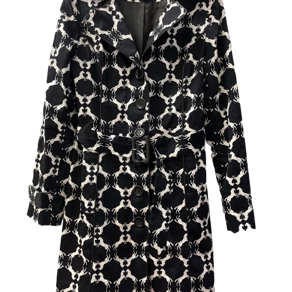 Vertigo Paris Womens Trench Coat Black Equestrian Print Patent Trim Twee Size S